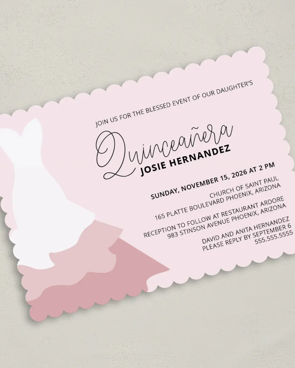 This is a 5" x 7" Quinceanera Invitation called Gown Glam printed in full color on Premium Smooth paper