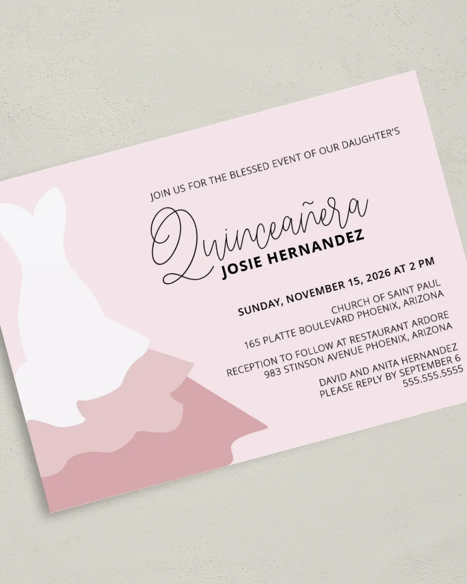 This is a 5" x 7" Quinceanera Invitation called Gown Glam printed in full color on Premium Smooth paper