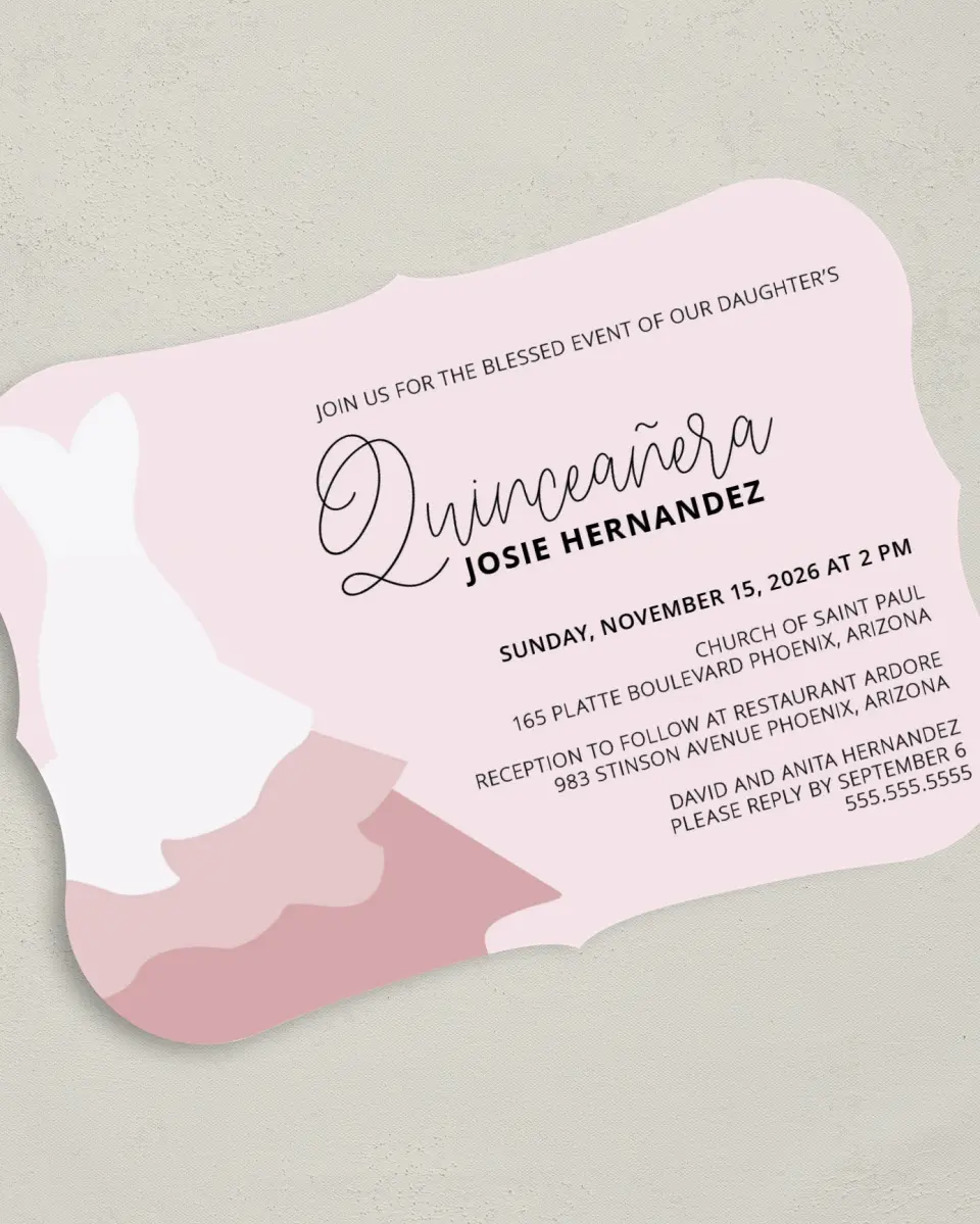 This is a 5" x 7" Quinceanera Invitation called Gown Glam printed in full color on Premium Smooth paper