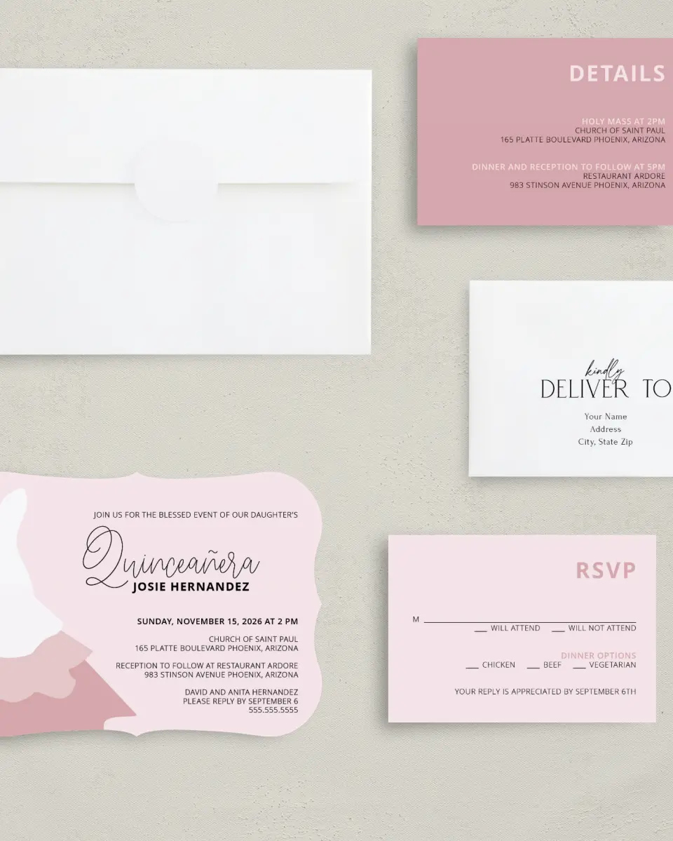 This is a 5" x 7" Quinceanera Invitation called Gown Glam printed in full color with Silver foil on Luxe Satin (coated) paper