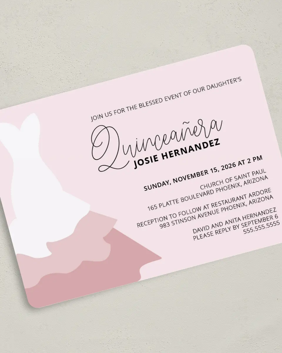 This is a 5" x 7" Quinceanera Invitation called Gown Glam printed in full color on Premium Smooth paper
