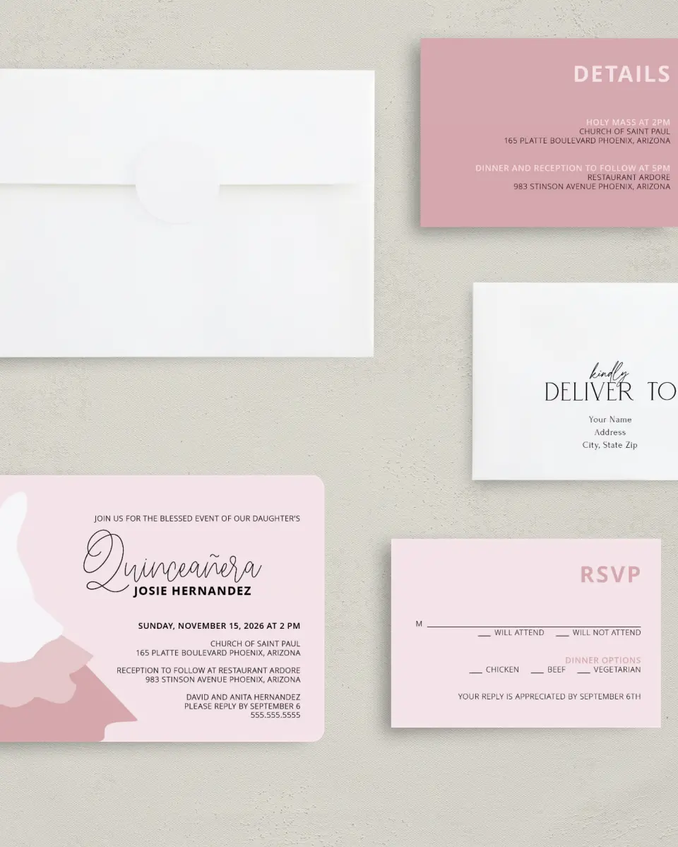 This is a 5" x 7" Quinceanera Invitation called Gown Glam printed in full color with Silver foil on Luxe Satin (coated) paper