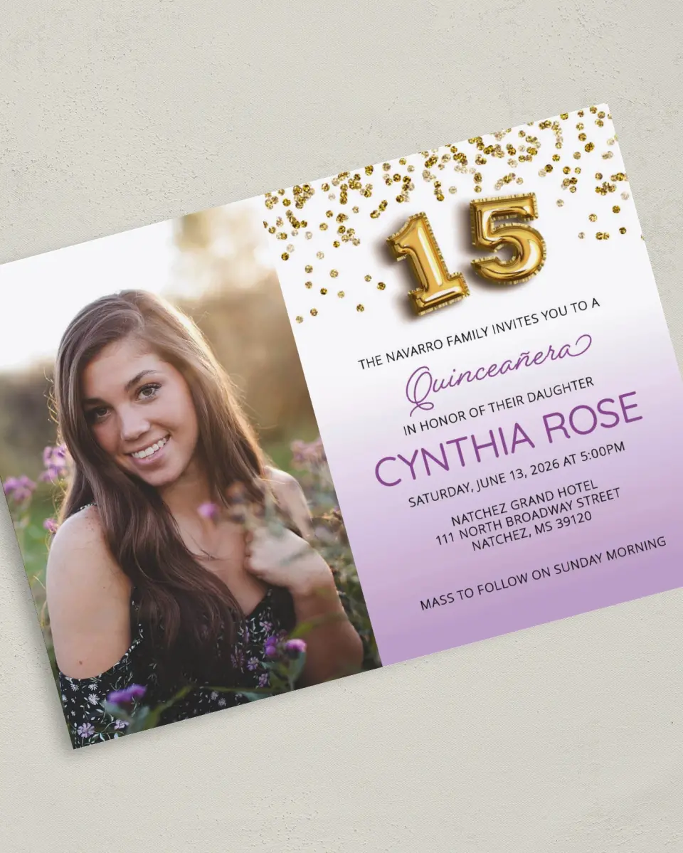 This is a 5" x 7" Quinceanera Invitation called Chevron Glitz printed in full color on Premium Smooth paper