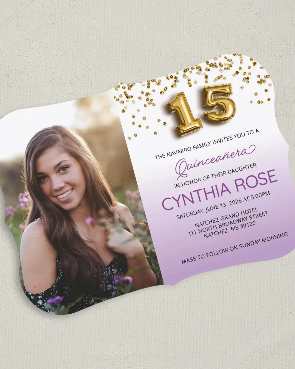 This is a 5" x 7" Quinceanera Invitation called Chevron Glitz printed in full color on Premium Smooth paper