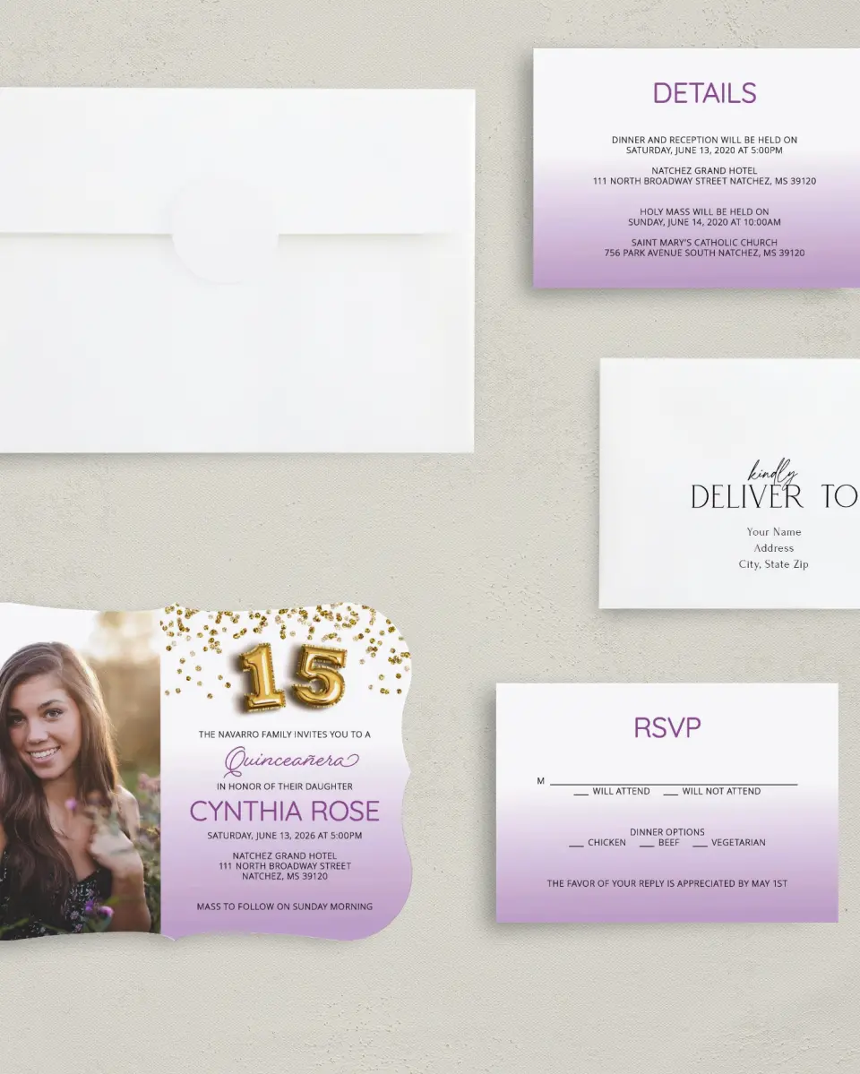 This is a 5" x 7" Quinceanera Invitation called Chevron Glitz printed in full color with Silver foil on Luxe Satin (coated) paper