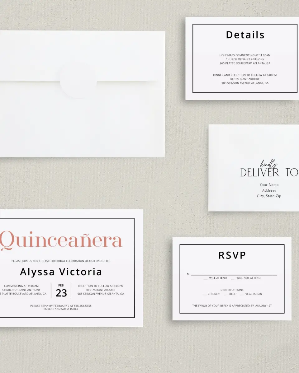 This is a 5" x 7" Quinceanera Invitation called Classic Quinceanera printed in full color with Silver foil on Luxe Satin (coated) paper