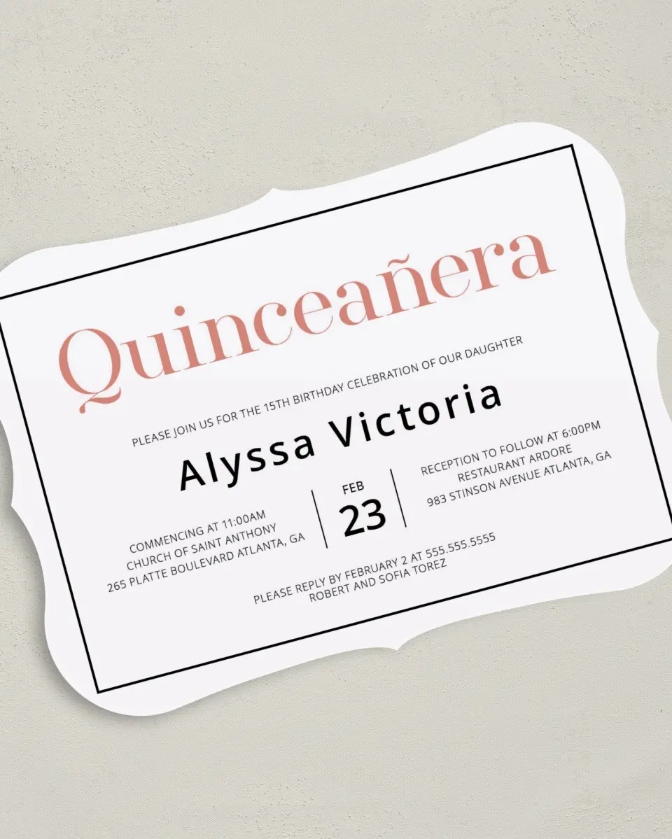 This is a 5" x 7" Quinceanera Invitation called Classic Quinceanera printed in full color on Premium Smooth paper