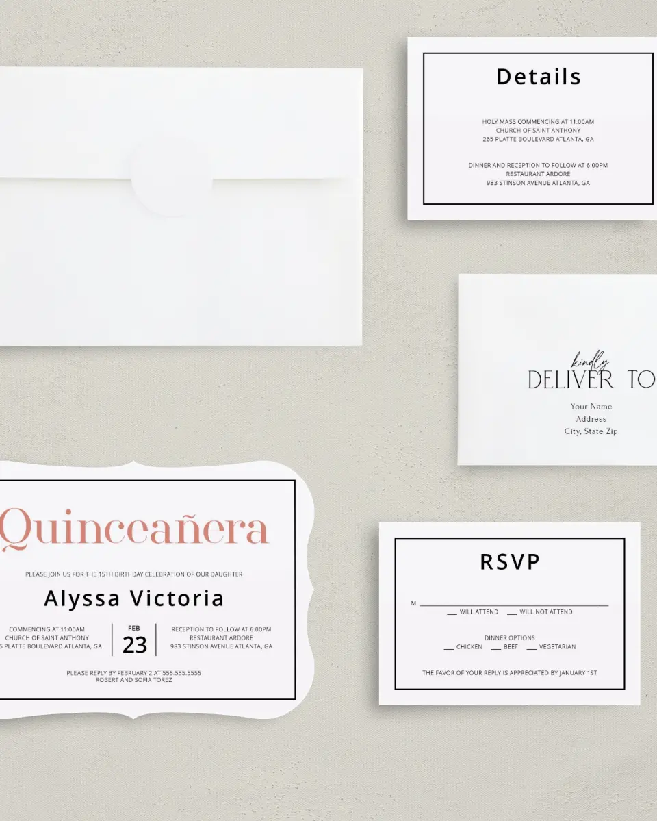 This is a 5" x 7" Quinceanera Invitation called Classic Quinceanera printed in full color with Silver foil on Luxe Satin (coated) paper