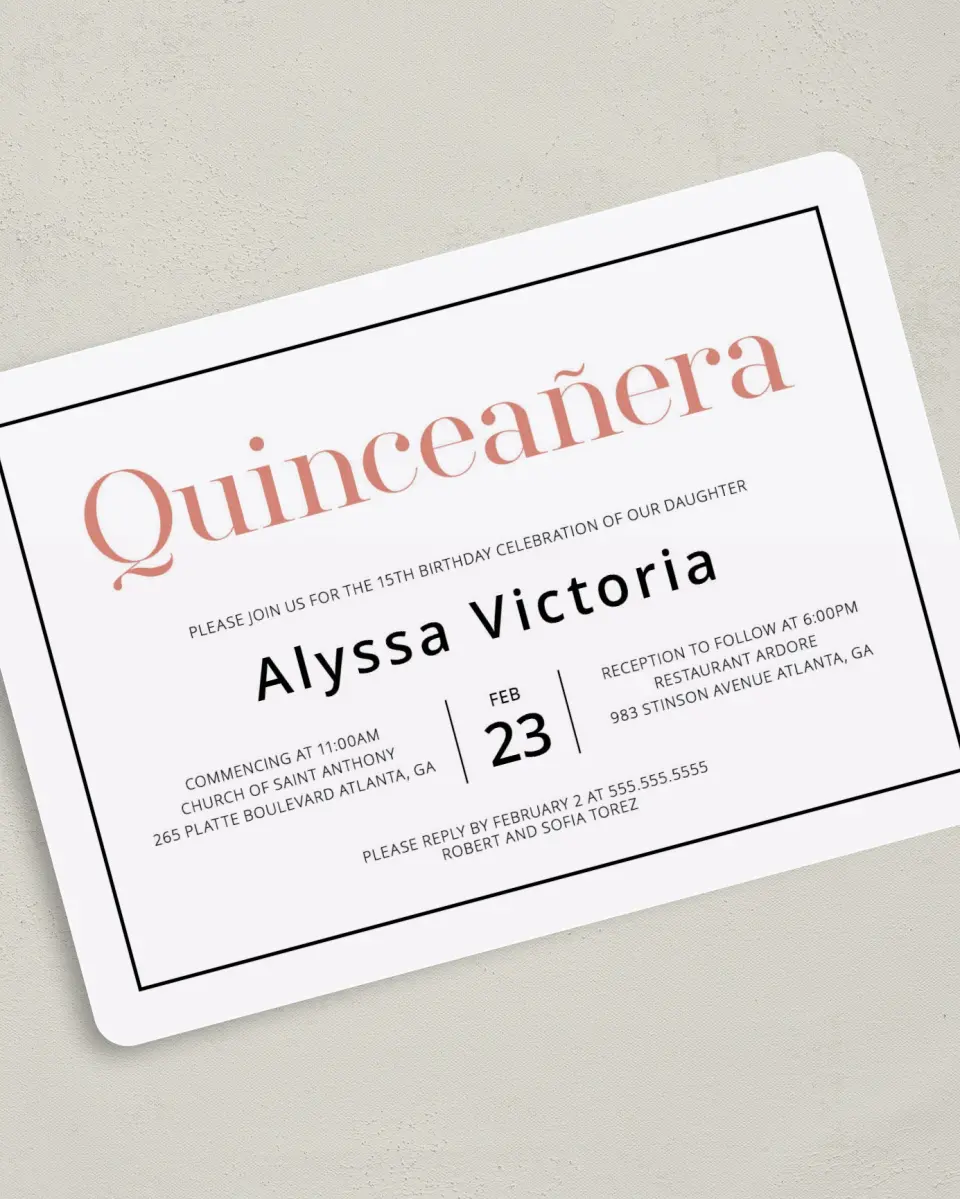 This is a 5" x 7" Quinceanera Invitation called Classic Quinceanera printed in full color on Premium Smooth paper