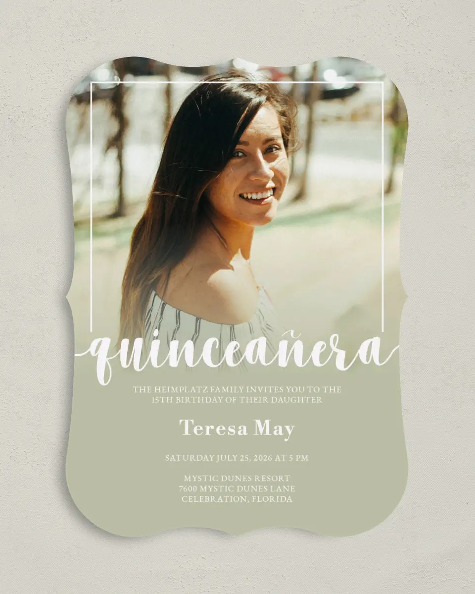 This is a 5" x 7" Quinceanera Invitation called Sweetly Framed printed in full color on Premium Smooth paper