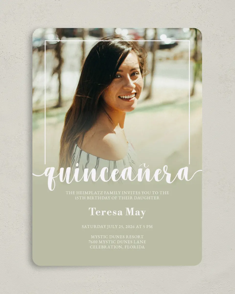 This is a 5" x 7" Quinceanera Invitation called Sweetly Framed printed in full color on Premium Smooth paper
