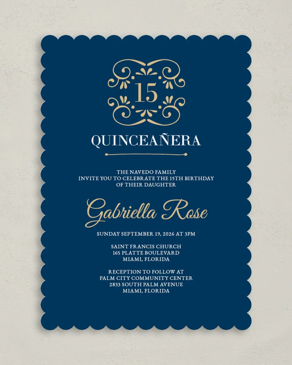 This is a 5" x 7" Quinceanera Invitation called Sparkling Dream printed in full color on Premium Smooth paper