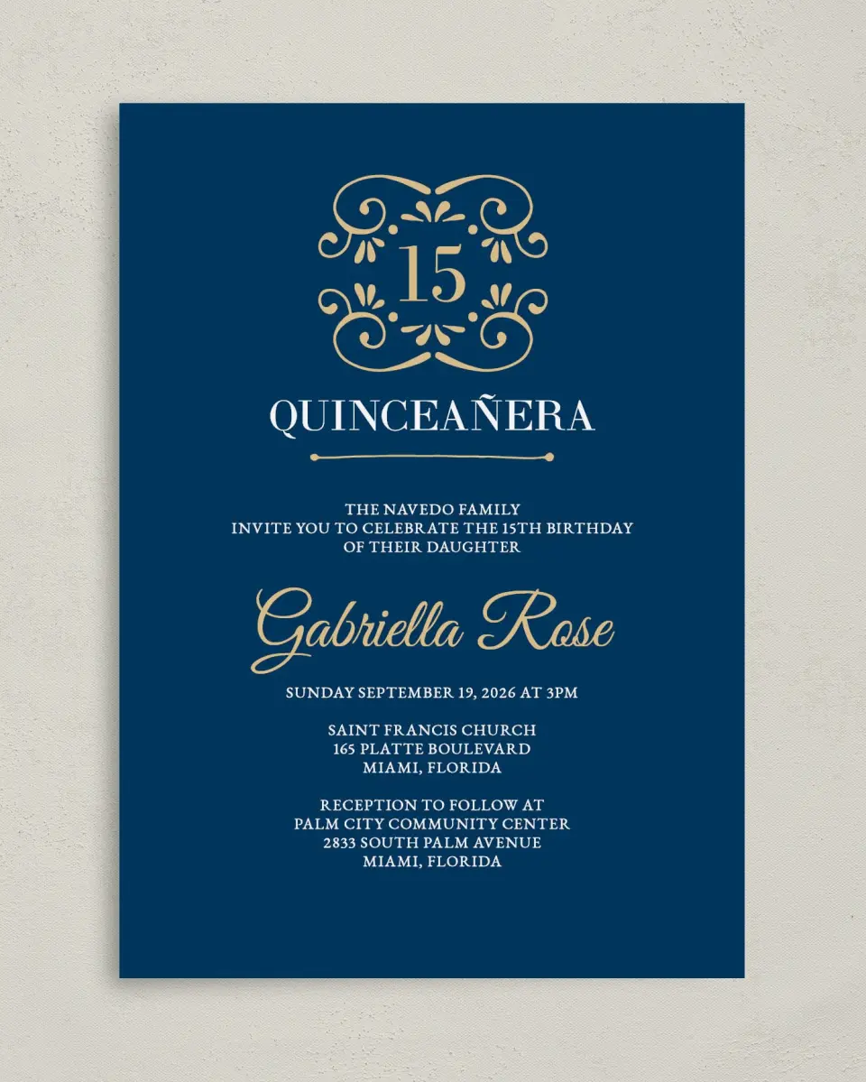 This is a 5" x 7" Quinceanera Invitation called Sparkling Dream printed in full color on Premium Smooth paper