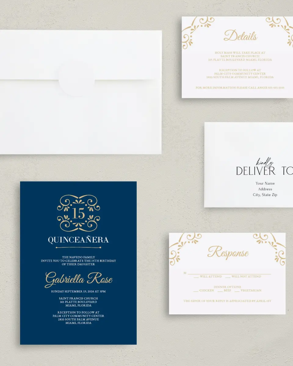 This is a 5" x 7" Quinceanera Invitation called Sparkling Dream printed in full color with Silver foil on Luxe Satin (coated) paper