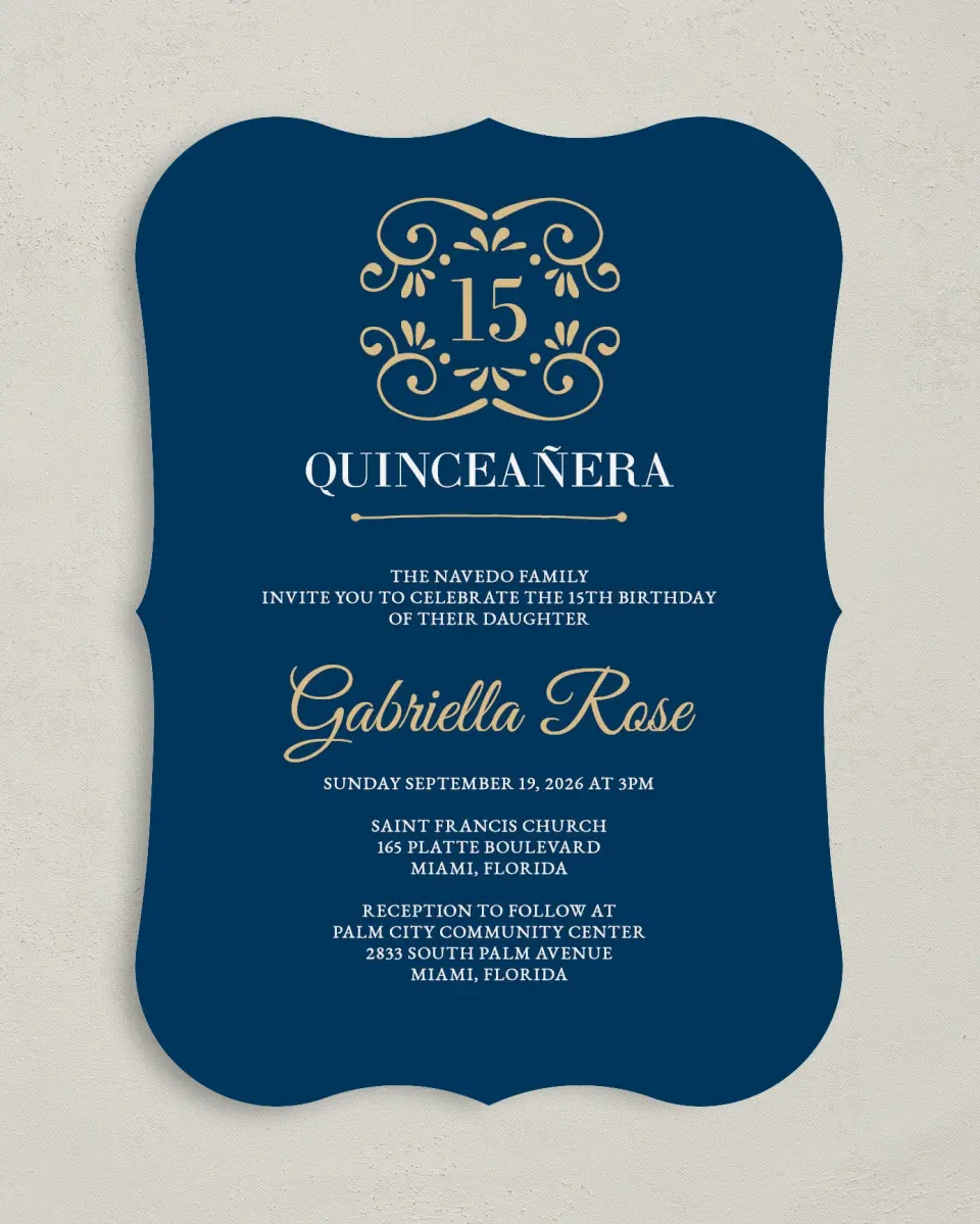 This is a 5" x 7" Quinceanera Invitation called Sparkling Dream printed in full color on Premium Smooth paper