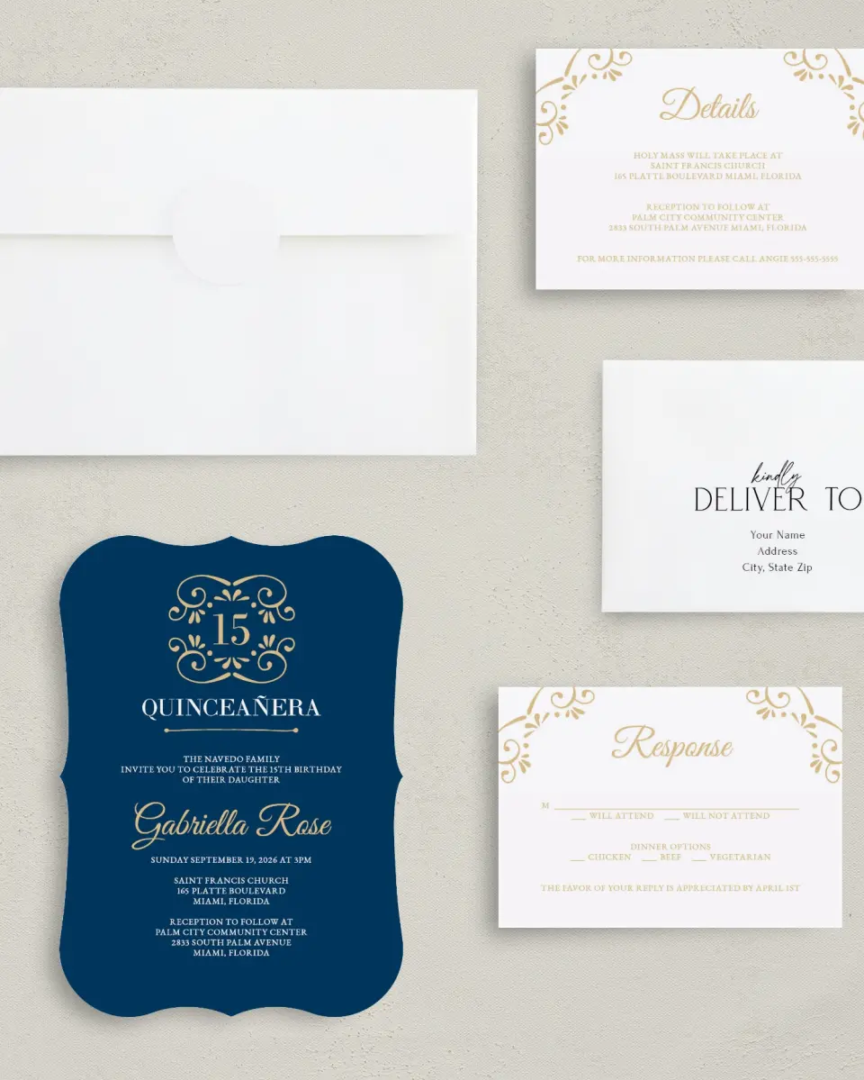This is a 5" x 7" Quinceanera Invitation called Sparkling Dream printed in full color with Gold foil on Luxe Satin (coated) paper