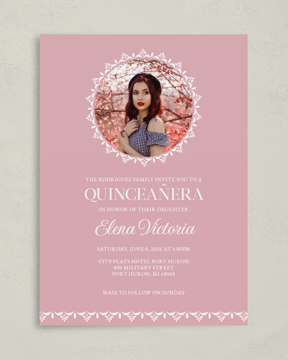 This is a 5" x 7" Quinceanera Invitation called Center of Attention printed in full color on Premium Smooth paper
