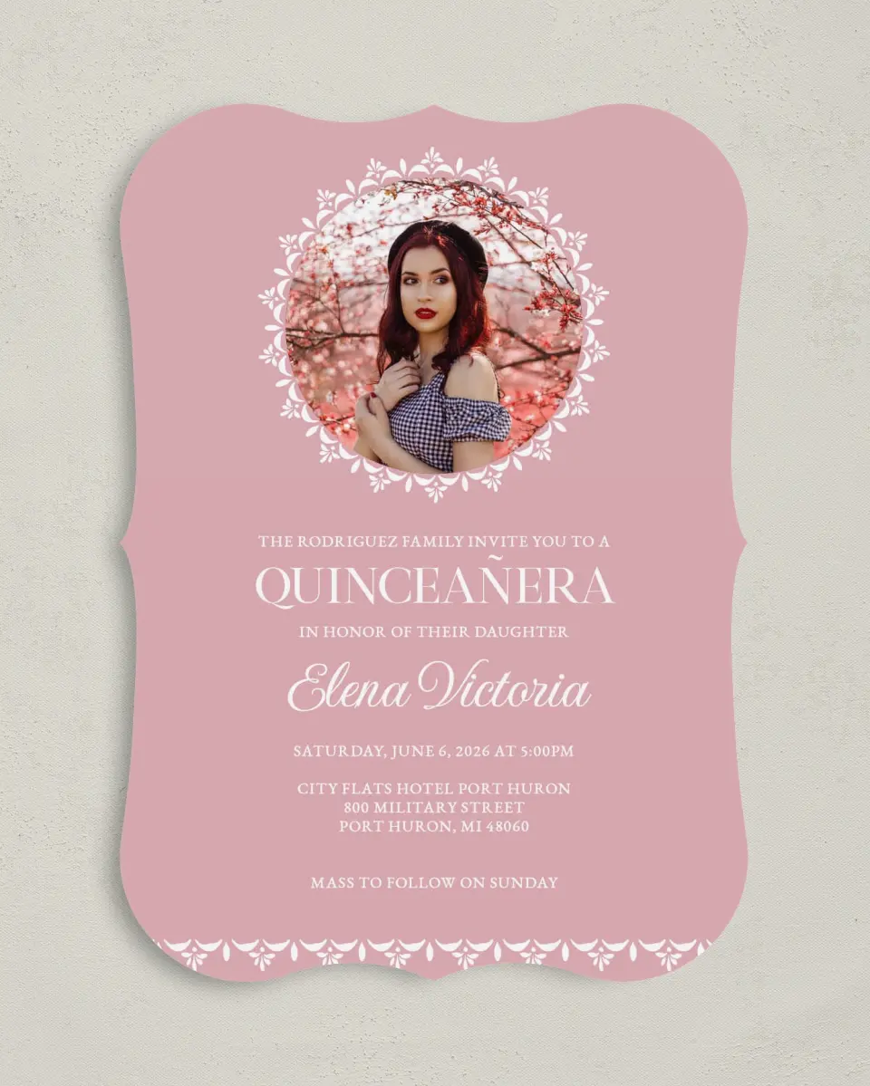 This is a 5" x 7" Quinceanera Invitation called Center of Attention printed in full color on Premium Smooth paper
