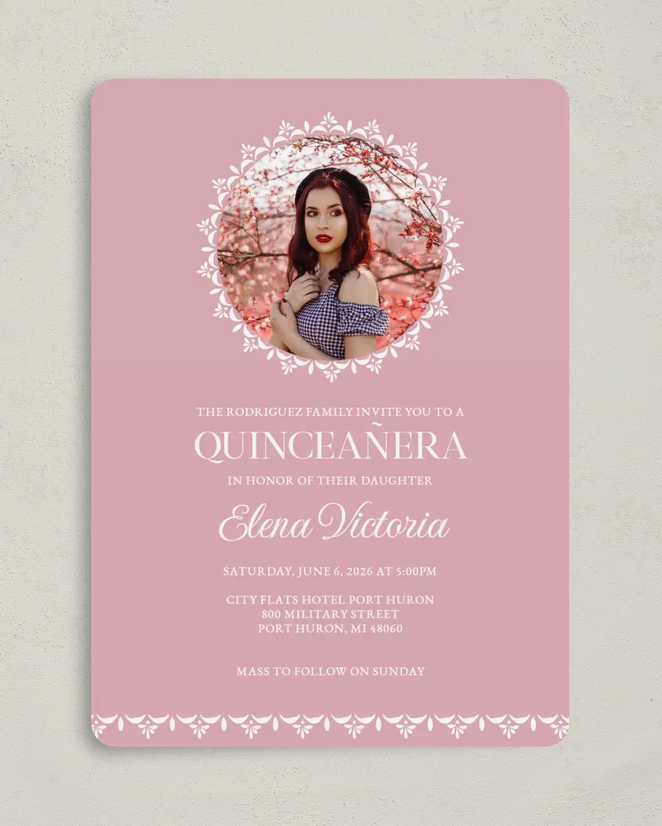 This is a 5" x 7" Quinceanera Invitation called Center of Attention printed in full color on Premium Smooth paper