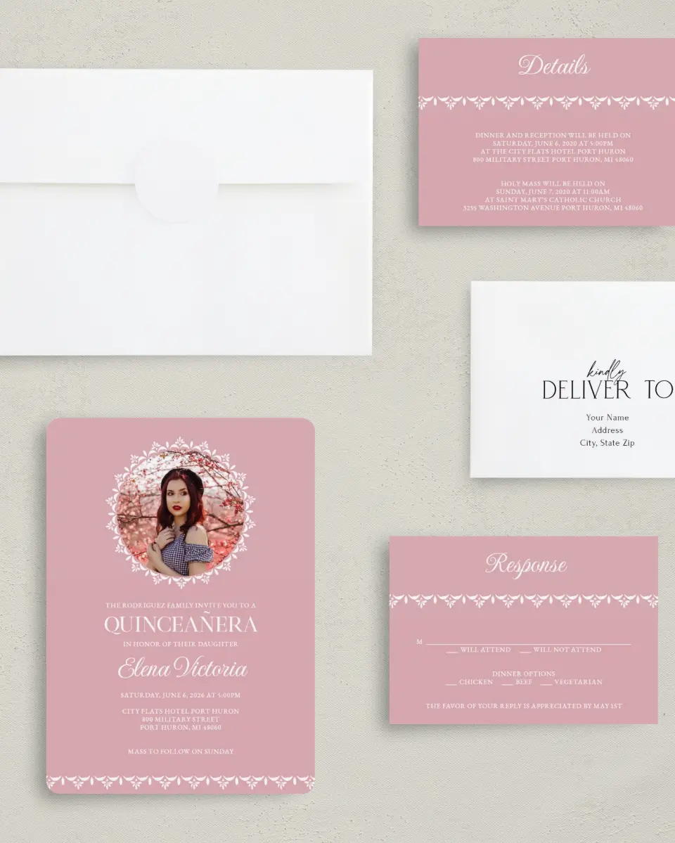 This is a 5" x 7" Quinceanera Invitation called Center of Attention printed in full color with Silver foil on Luxe Satin (coated) paper