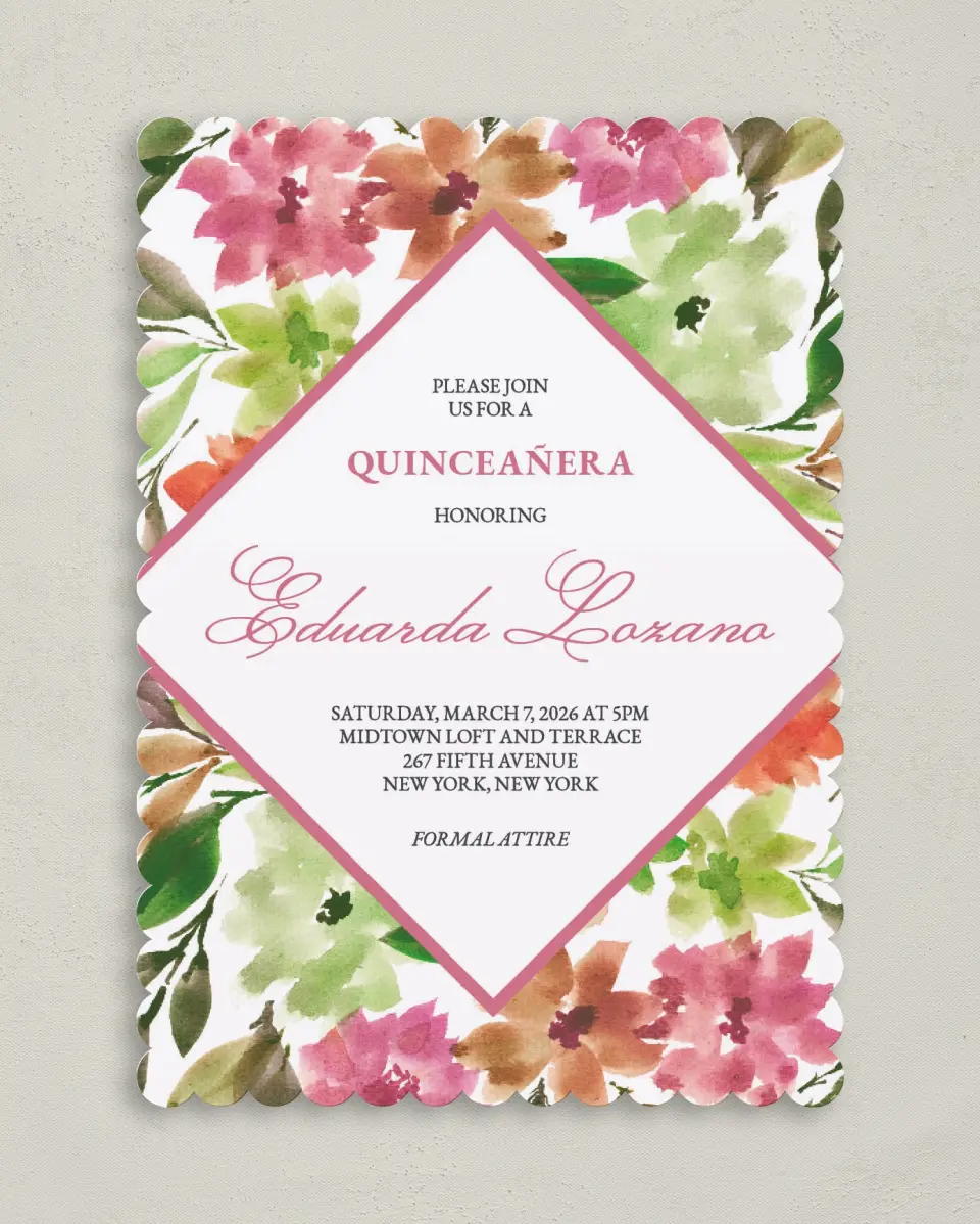 This is a 5" x 7" Quinceanera Invitation called Blissful Bouquet printed in full color on Premium Smooth paper