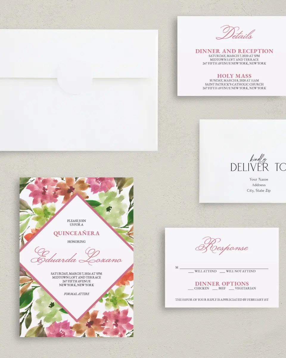 This is a 5" x 7" Quinceanera Invitation called Blissful Bouquet printed in full color with Silver foil on Luxe Satin (coated) paper