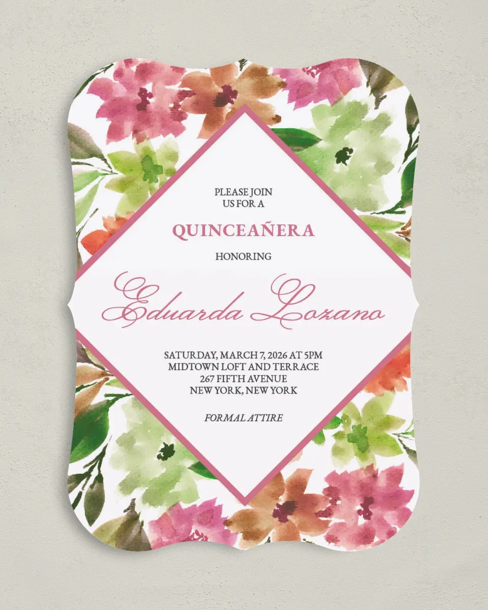 This is a 5" x 7" Quinceanera Invitation called Blissful Bouquet printed in full color on Premium Smooth paper