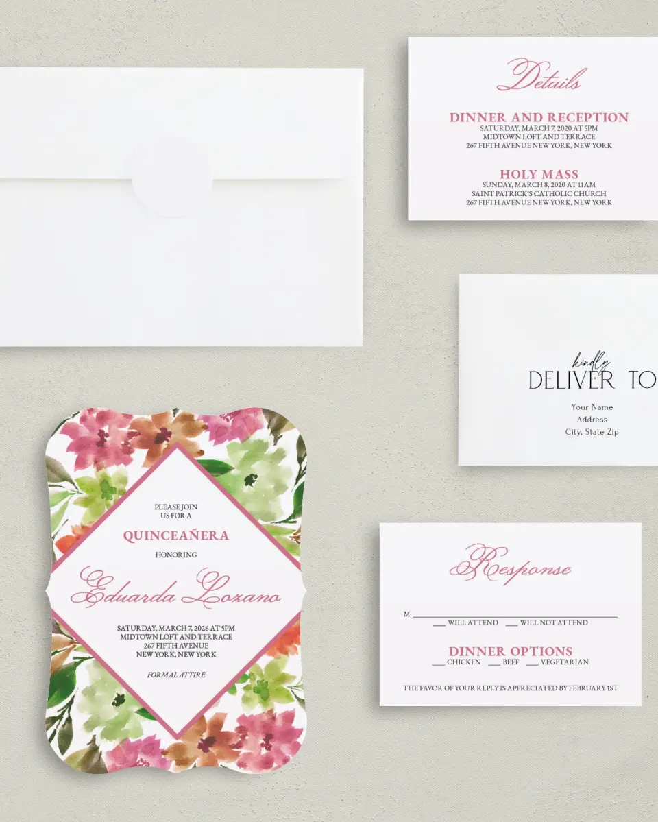 This is a 5" x 7" Quinceanera Invitation called Blissful Bouquet printed in full color with Silver foil on Luxe Satin (coated) paper