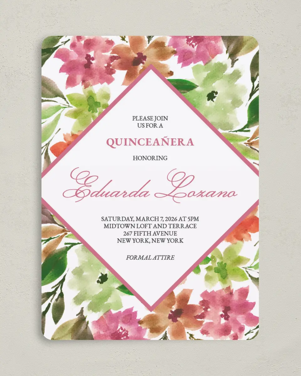 This is a 5" x 7" Quinceanera Invitation called Blissful Bouquet printed in full color on Premium Smooth paper