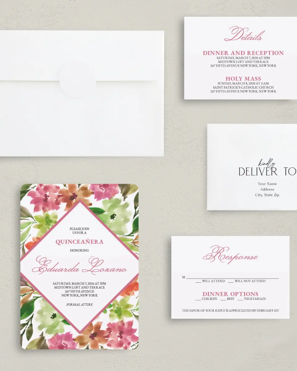 This is a 5" x 7" Quinceanera Invitation called Blissful Bouquet printed in full color with Silver foil on Luxe Satin (coated) paper