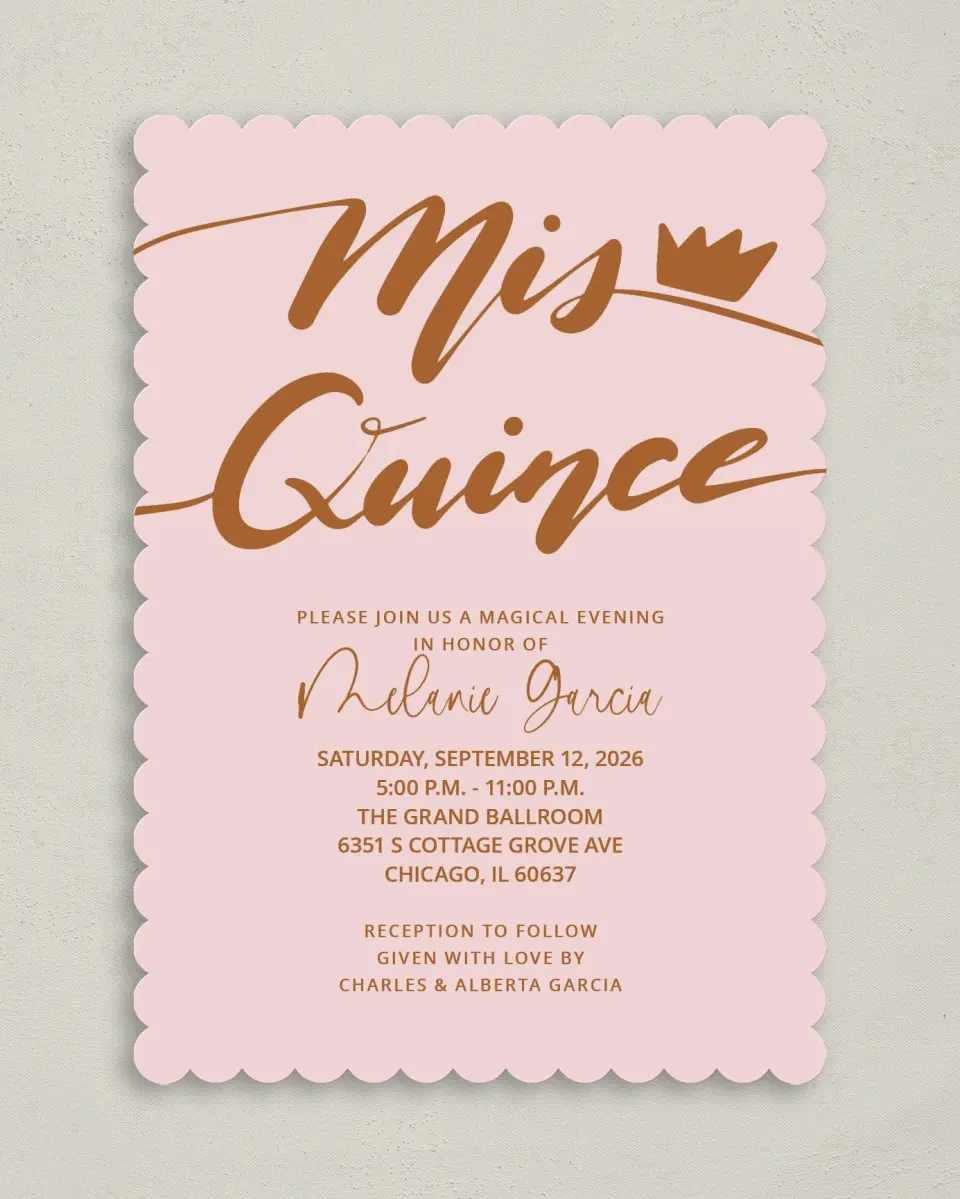 This is a 5" x 7" Quinceanera Invitation called Magical Crown printed in full color on Premium Smooth paper