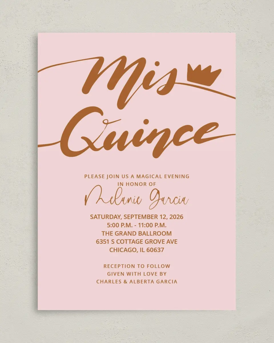 This is a 5" x 7" Quinceanera Invitation called Magical Crown printed in full color on Premium Smooth paper