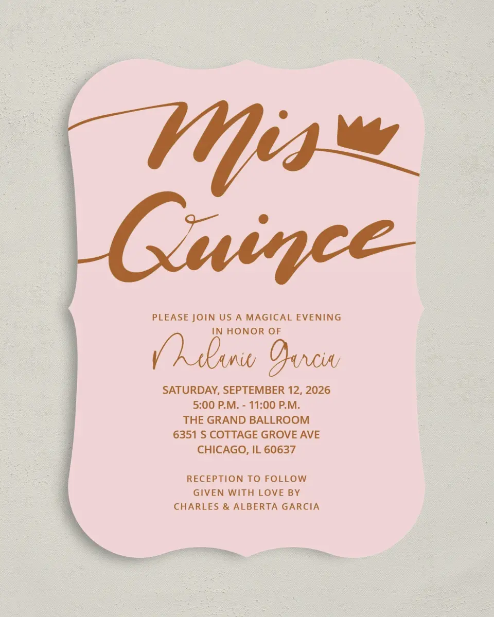 This is a 5" x 7" Quinceanera Invitation called Magical Crown printed in full color on Premium Smooth paper