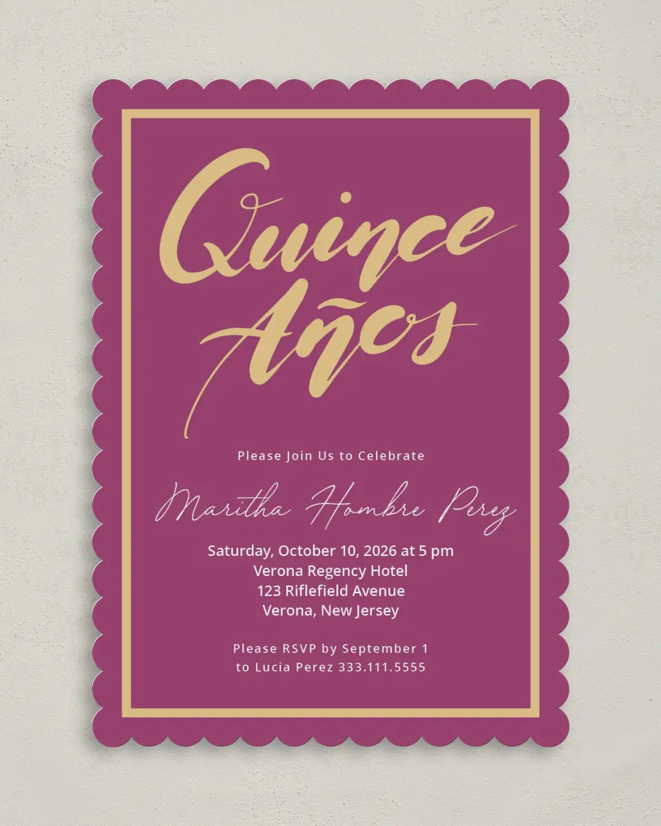 This is a 5" x 7" Quinceanera Invitation called Daringly Bold printed in full color on Premium Smooth paper
