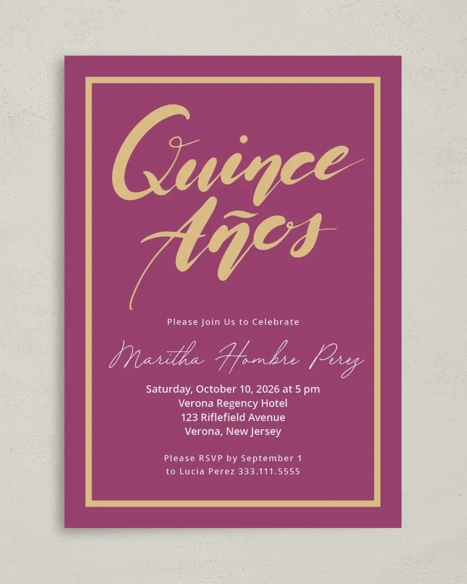 This is a 5" x 7" Quinceanera Invitation called Daringly Bold printed in full color on Premium Smooth paper