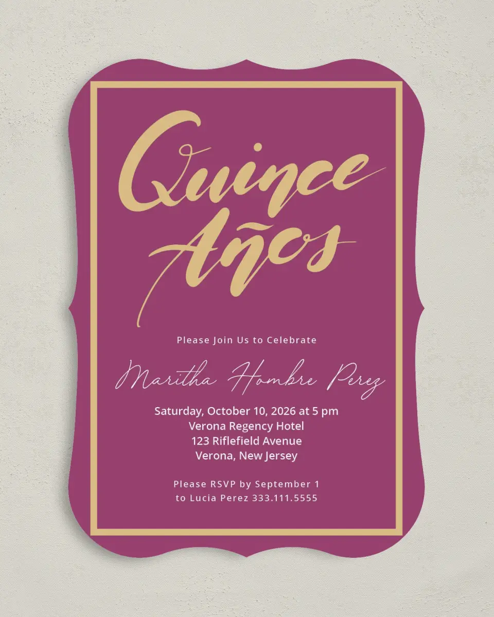 This is a 5" x 7" Quinceanera Invitation called Daringly Bold printed in full color on Premium Smooth paper