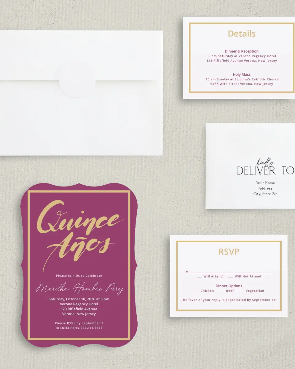 This is a 5" x 7" Quinceanera Invitation called Daringly Bold printed in full color with Silver foil on Luxe Satin (coated) paper