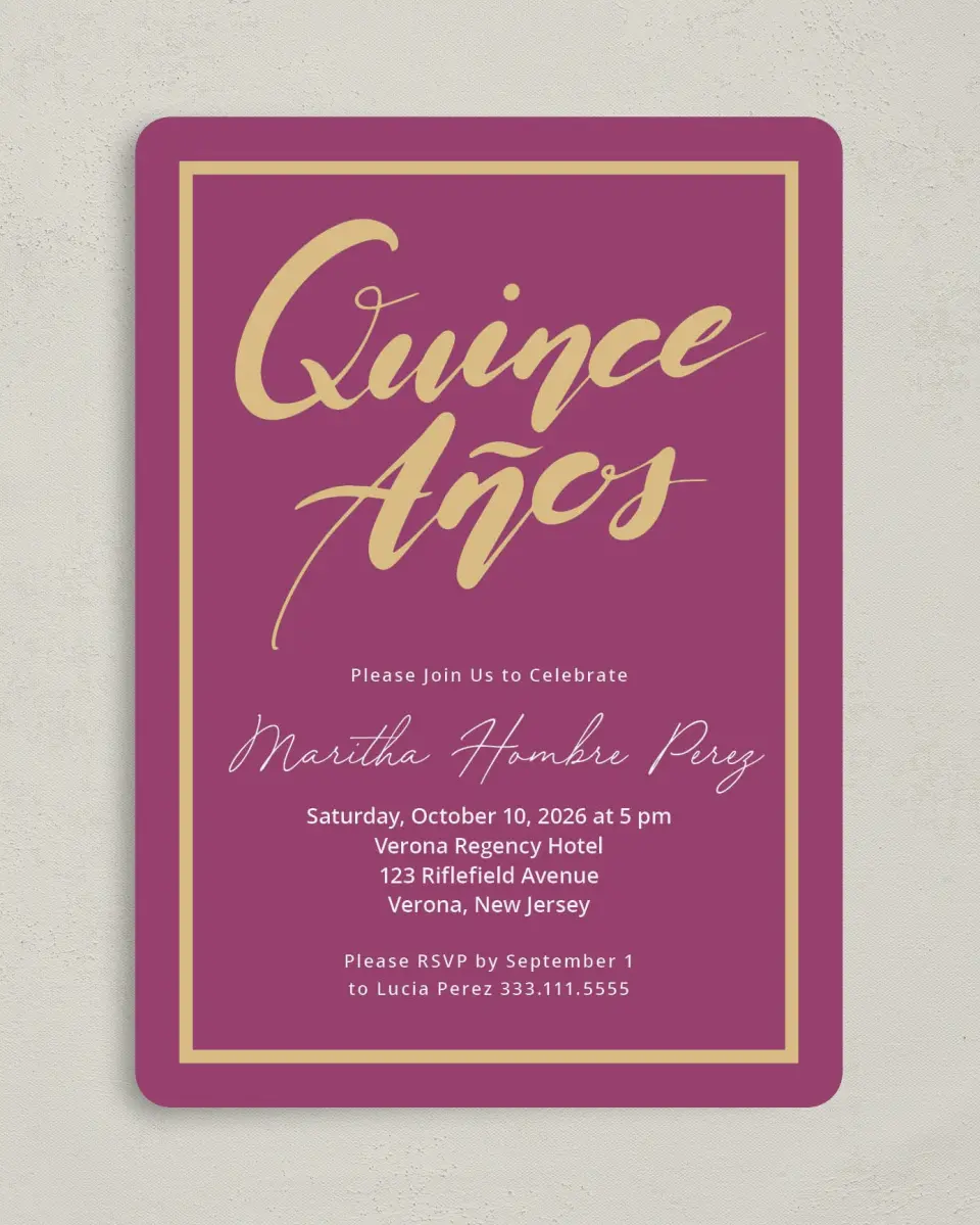 This is a 5" x 7" Quinceanera Invitation called Daringly Bold printed in full color on Premium Smooth paper
