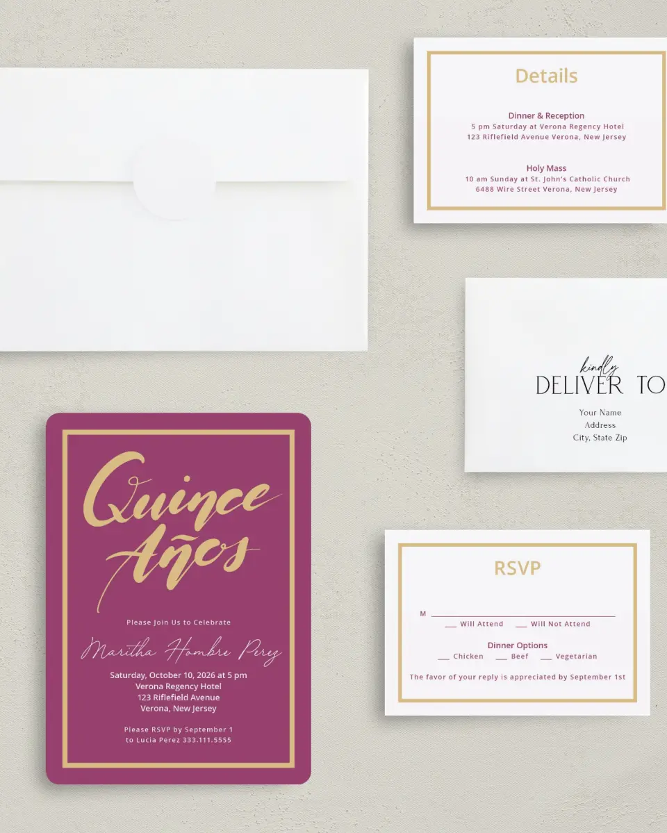This is a 5" x 7" Quinceanera Invitation called Daringly Bold printed in full color with Silver foil on Luxe Satin (coated) paper