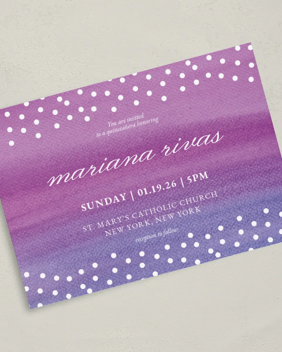 This is a 5" x 7" Quinceanera Invitation called Dramatic Debut printed in full color on Premium Smooth paper