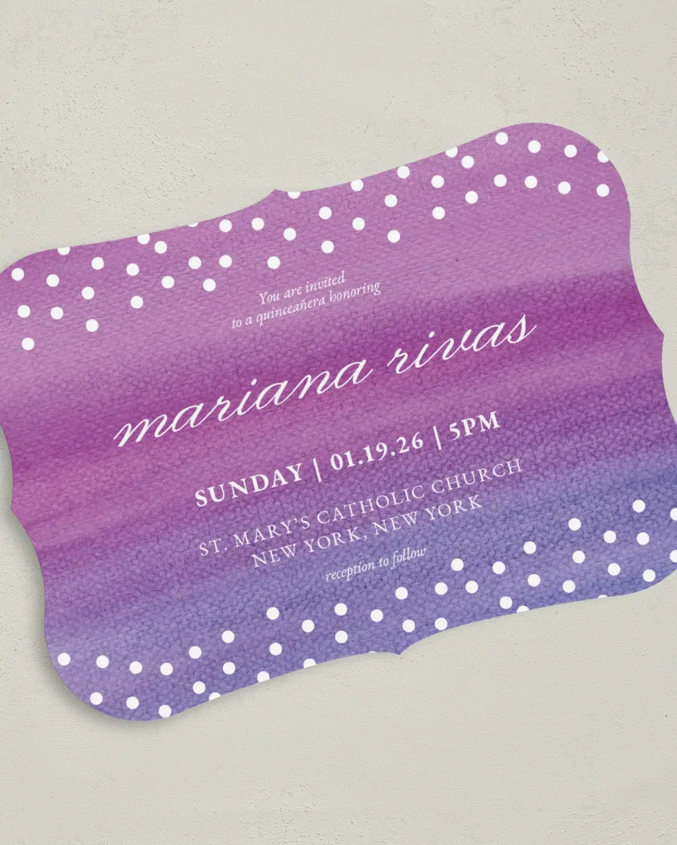 This is a 5" x 7" Quinceanera Invitation called Dramatic Debut printed in full color on Premium Smooth paper