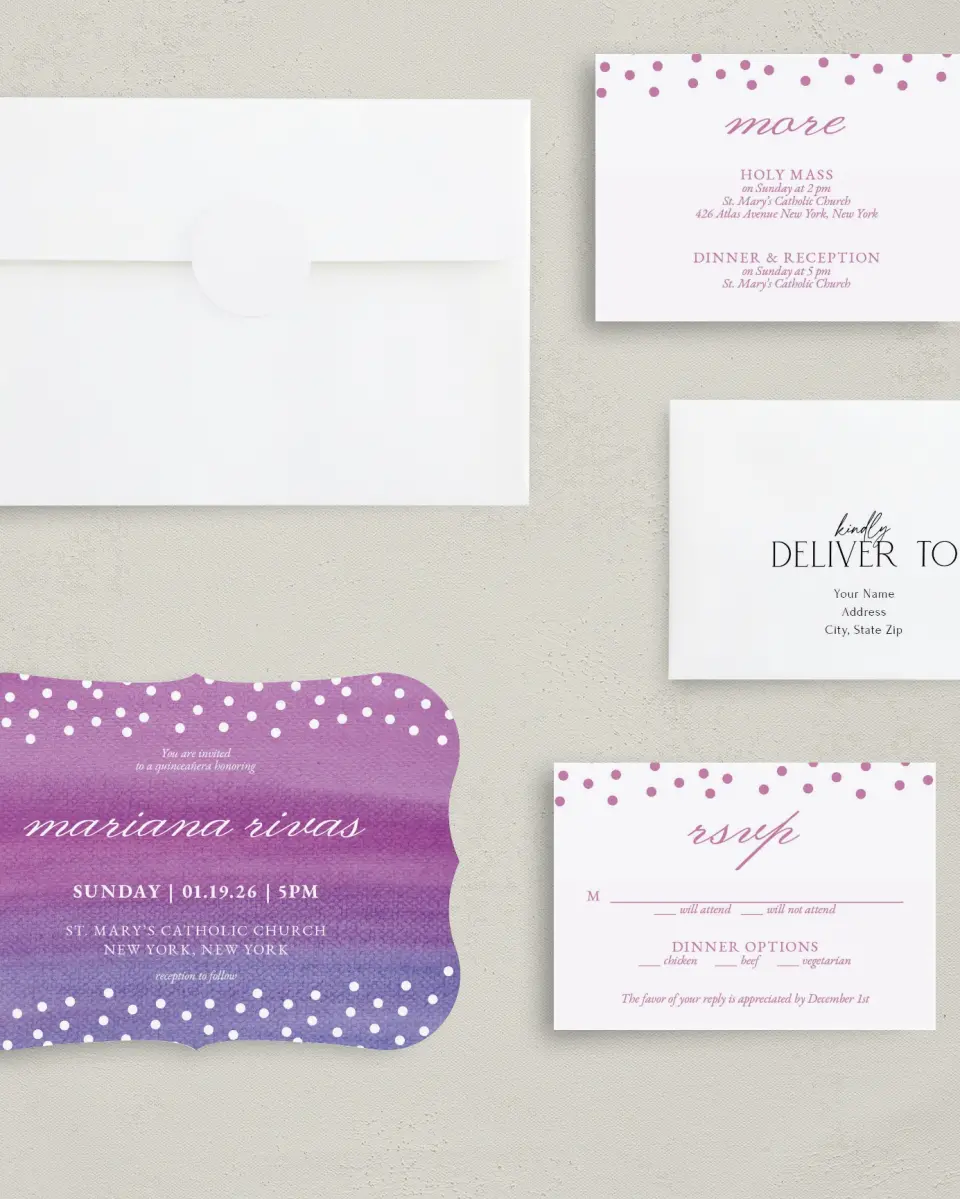 This is a 5" x 7" Quinceanera Invitation called Dramatic Debut printed in full color with Silver foil on Luxe Satin (coated) paper