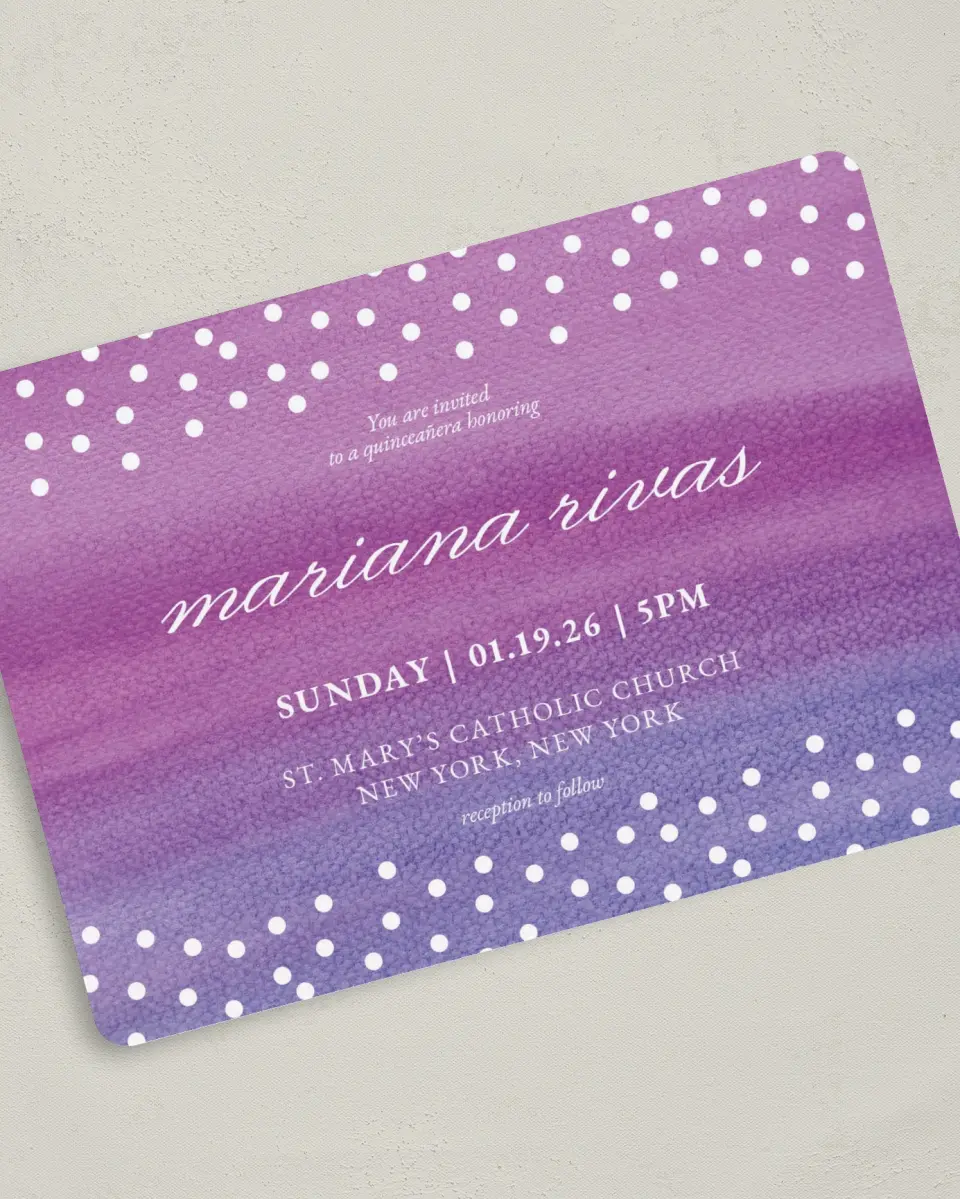 This is a 5" x 7" Quinceanera Invitation called Dramatic Debut printed in full color on Premium Smooth paper