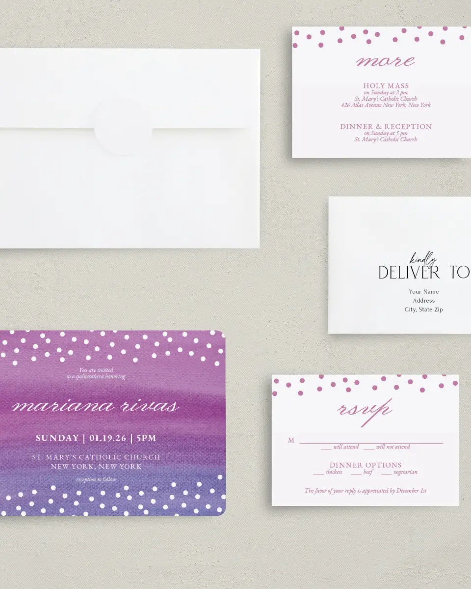 This is a 5" x 7" Quinceanera Invitation called Dramatic Debut printed in full color with Silver foil on Luxe Satin (coated) paper