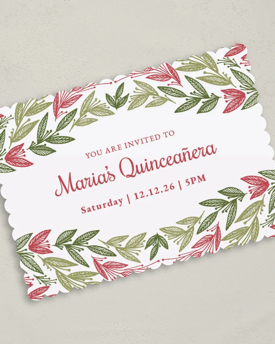 This is a 5" x 7" Quinceanera Invitation called Splash of Sprigs printed in full color on Premium Smooth paper