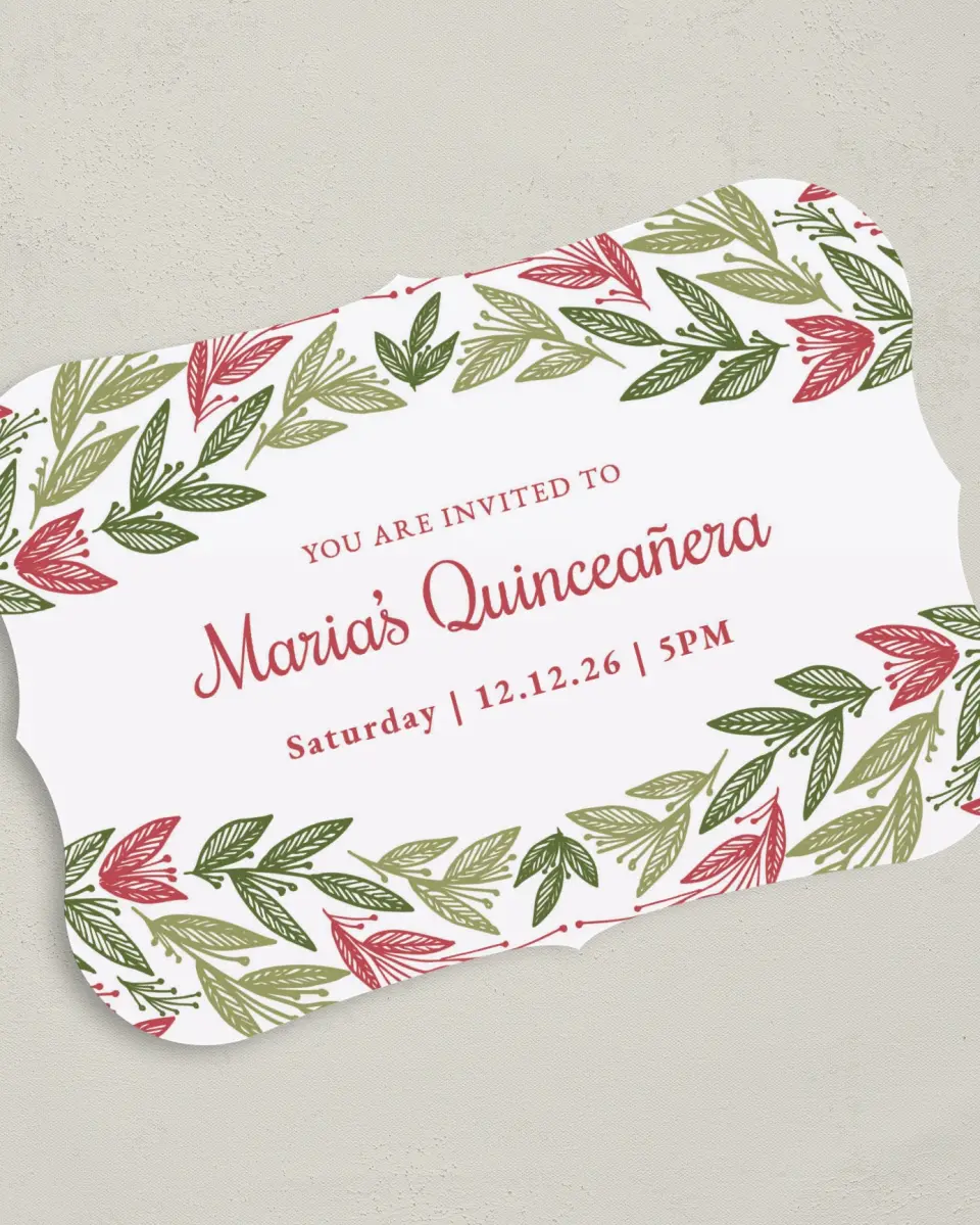 This is a 5" x 7" Quinceanera Invitation called Splash of Sprigs printed in full color on Premium Smooth paper