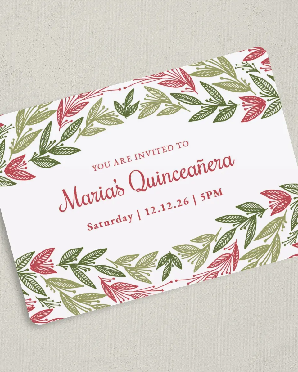 This is a 5" x 7" Quinceanera Invitation called Splash of Sprigs printed in full color on Premium Smooth paper