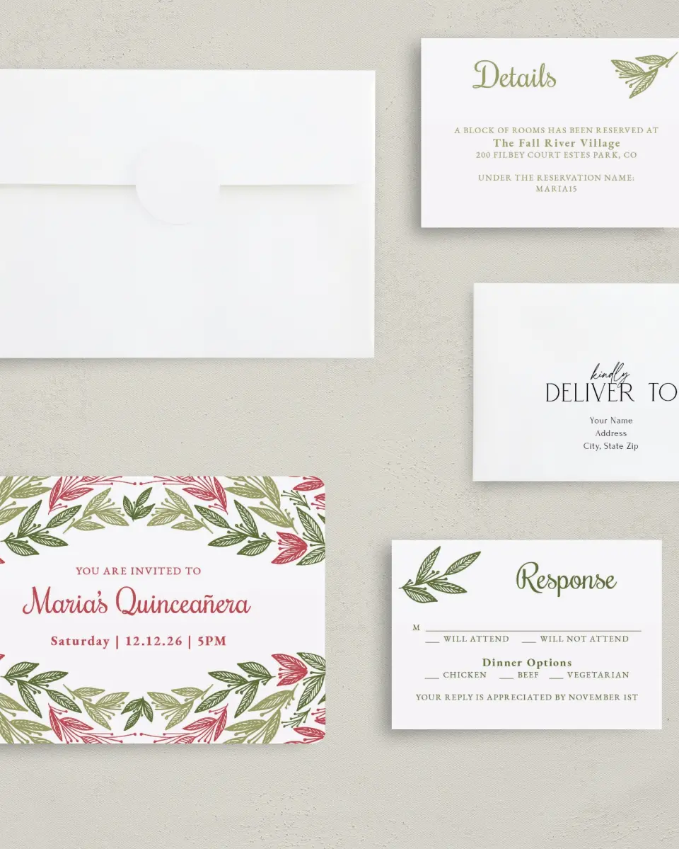 This is a 5" x 7" Quinceanera Invitation called Splash of Sprigs printed in full color with Silver foil on Luxe Satin (coated) paper