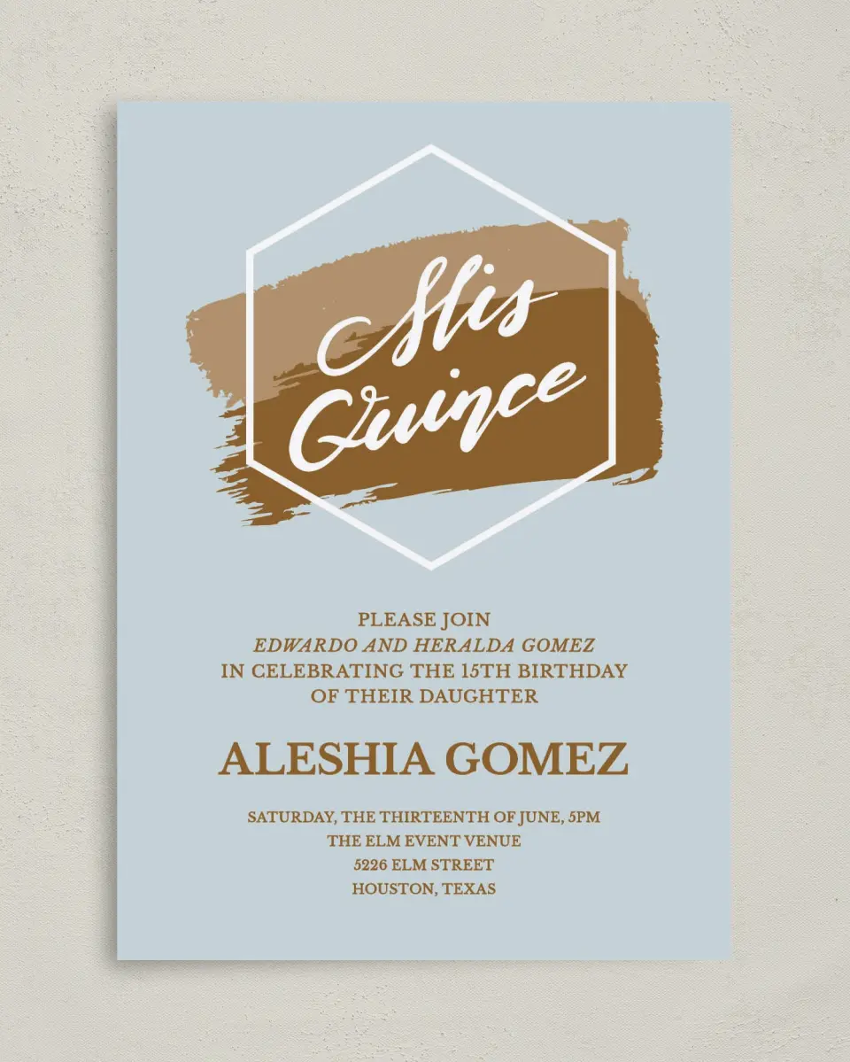 This is a 5" x 7" Quinceanera Invitation called Swashed Sophisticate printed in full color on Premium Smooth paper