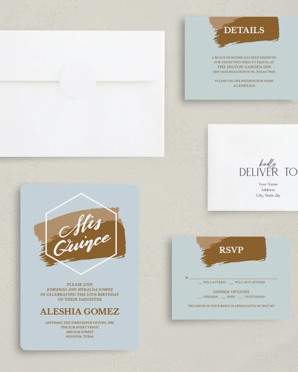 This is a 5" x 7" Quinceanera Invitation called Swashed Sophisticate printed in full color with Silver foil on Luxe Satin (coated) paper